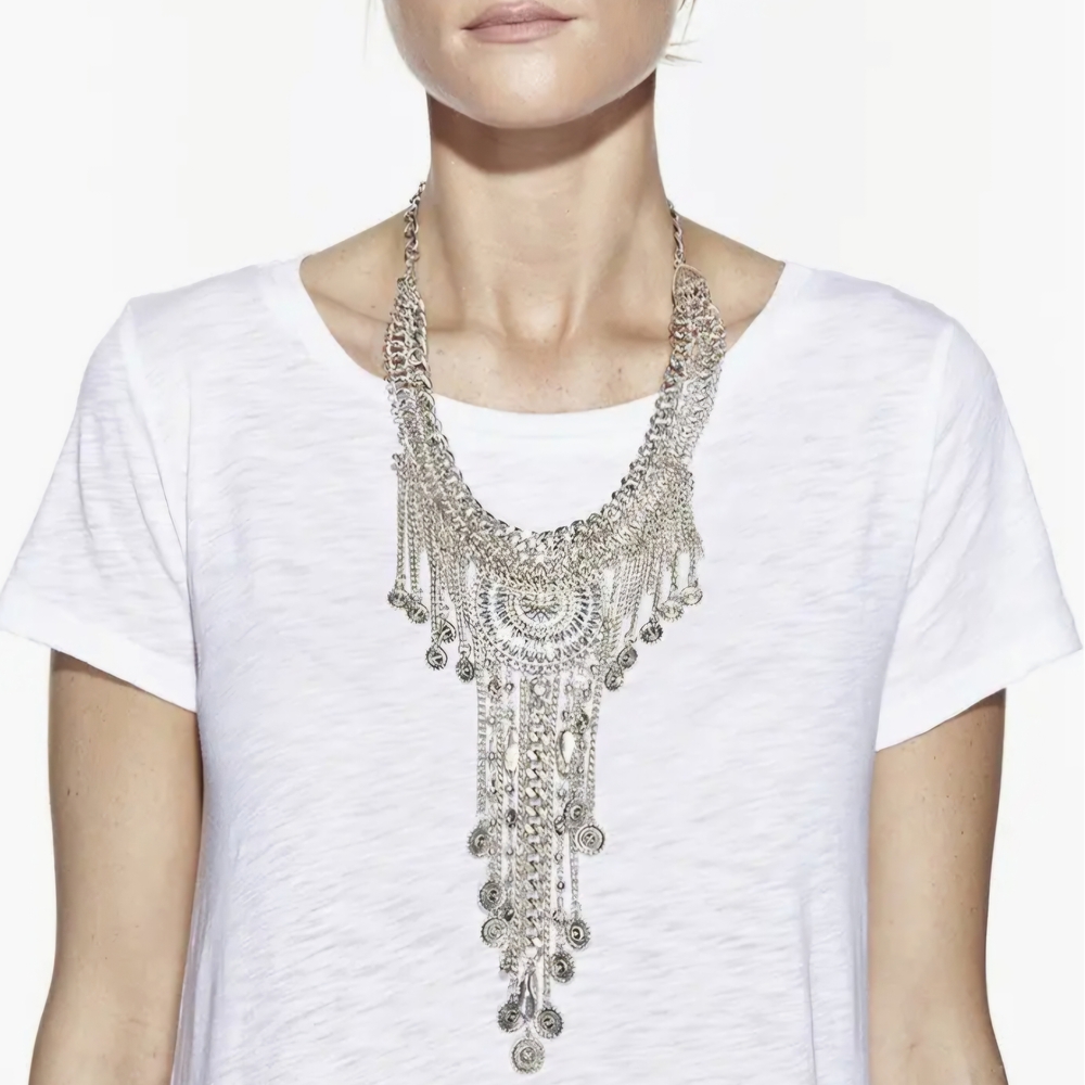 NWT Eye Candy Luna Coin Silver Necklace Bohemian Fringe Maximalism Eclectic - Picture 2 of 7